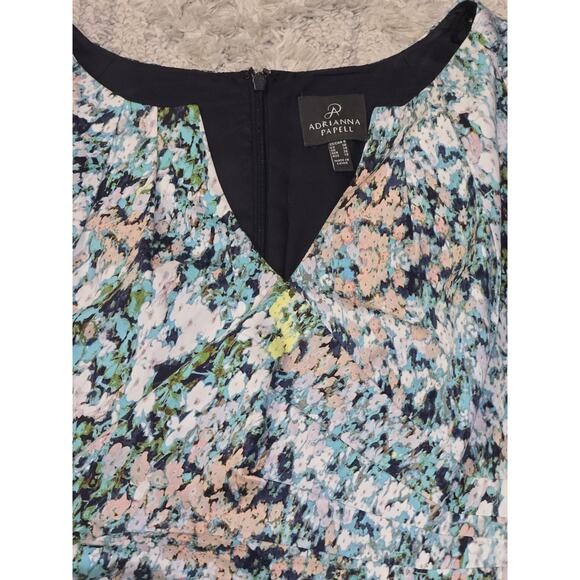 Adrianna Papell Cap Sleeve Knee Length Ruched Waist Blue Dress Monet Floral Sz 6 - Picture 2 of 10